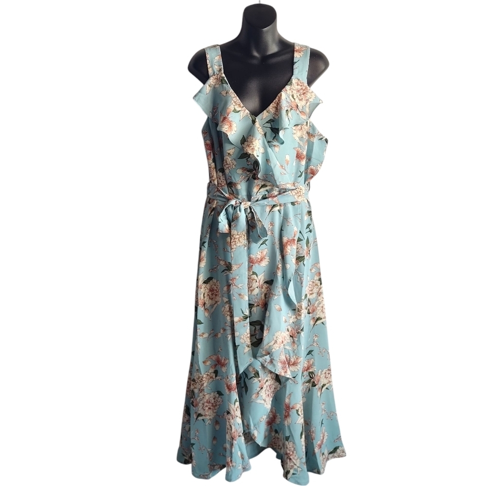 BloomChic Floral Ruffle Midi Dress in Light Blue and Cream